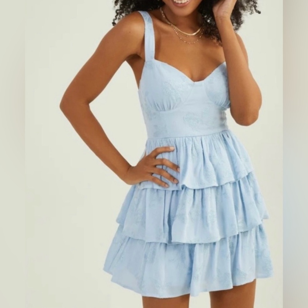 Altar'd State Roxie Floral Tiered Tiered Mini Dress Sky Blue HOCO Sz S - Picture 11 of 11